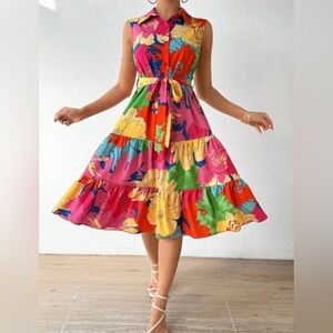 SHEIN collared floral Sleeveless Dress with belt in Multicolor size medium